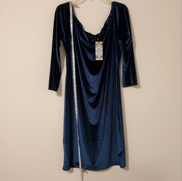 Boohoo Stretch Blue Green Velvet Off Shoulder Midi Dress Size 20 - Picture 2 of 9